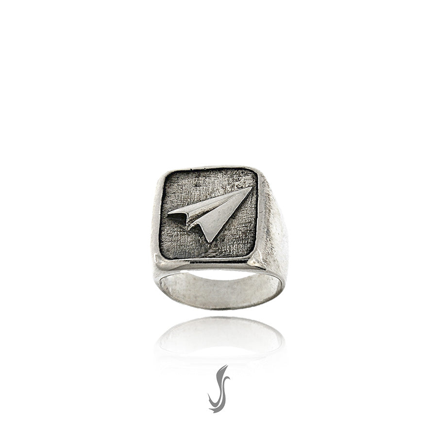 anello a timbro quadrato in argento con aeroplano